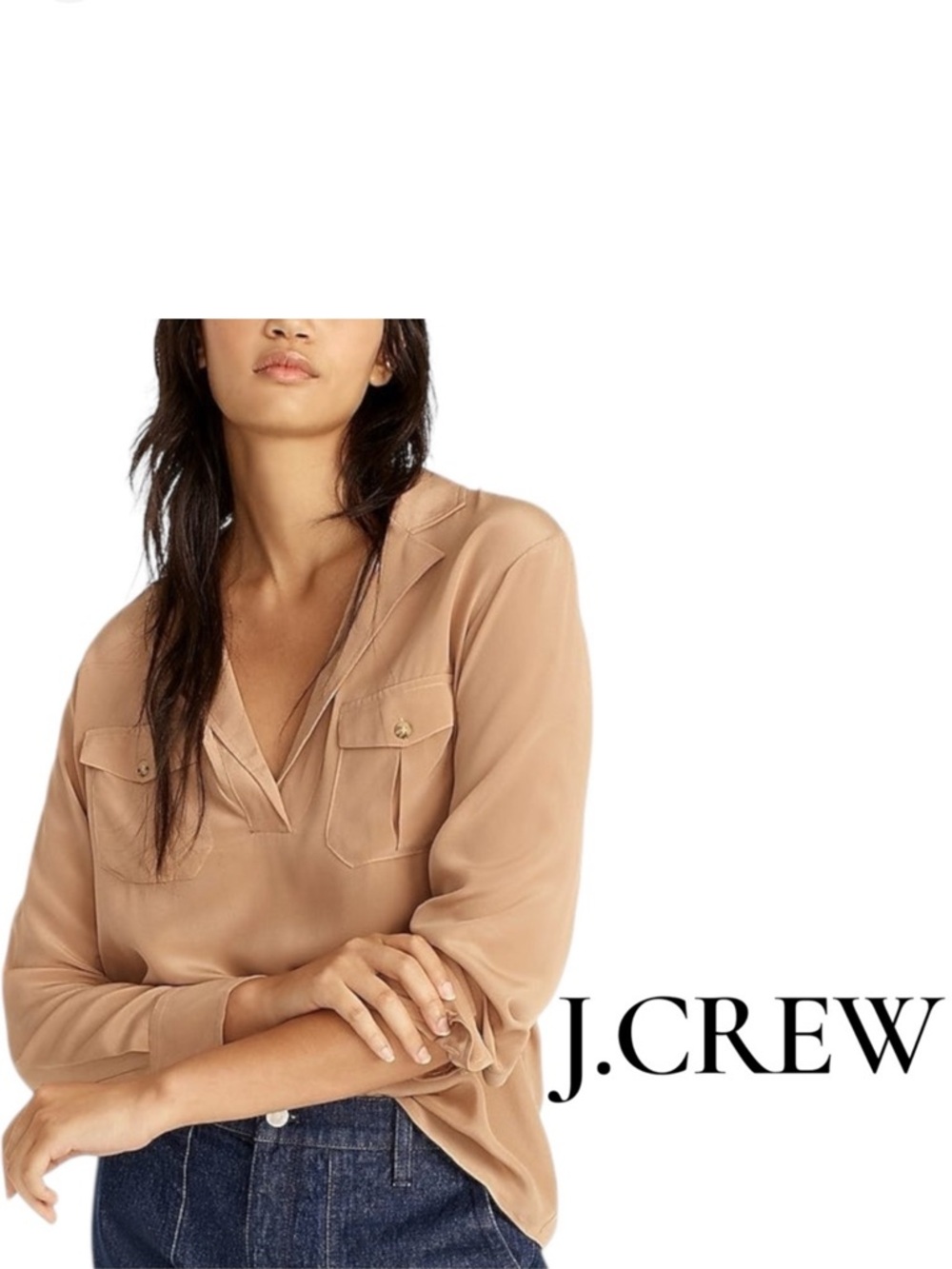 J.CREW Camel Tan Silk V-Neck Popover Top with Pockets Minimalist Chic Size M